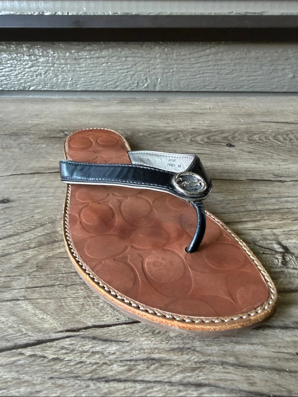 Coach Black Leather Thong Sandals with Brown Embossed Footbed size 8 B